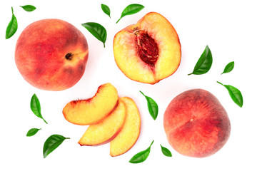 ripe peaches with leaves isolated on white background. Top view. Flat lay pattern