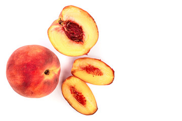ripe peaches isolated on white background. Top view. Flat lay pattern