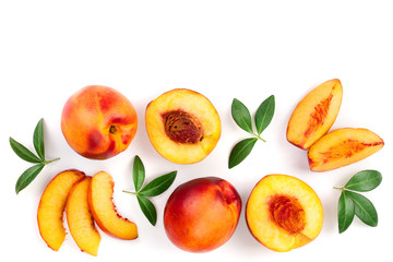 ripe nectarine with leaves isolated on white background with copy space for your text. Top view. Flat lay pattern
