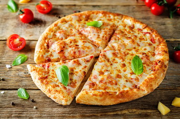 Pizza with cheese, tomato sauce and fresh tomatoes