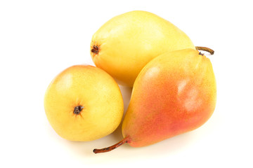 Three ripe red yellow pear fruits isolated on white background.
