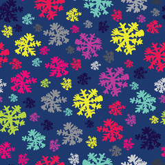 Abstract Christmas and New Year Background with Snow and Snowflakes in neon colors. Vector Illustration.