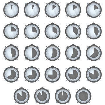Set of timers icons on white background. Vector illustration of 24 pictures with different position of the moved time.