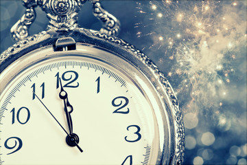 Naklejka na ściany i meble New Year's at midnight - Old clock and holiday lights