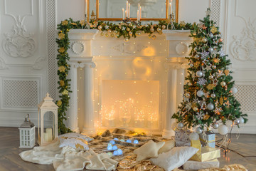 Large bright Christmas decor of the living room in vogue style. Beautiful, glowing Christmas tree.