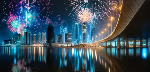 Foto auf Acrylglas Beautiful fireworks above Dubai Business bay, UAE © boule1301