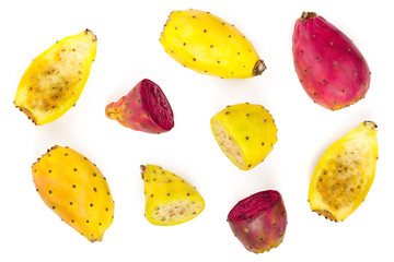 red end yellow prickly pear or opuntia isolated on a white background. Top view. Flat lay