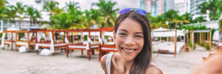 Selfie travel vacation Asian tourist on luxury resort hotel travel summer destination holiday....