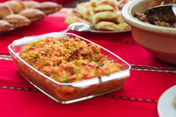 Traditional bulgarian dish called Mish-mash, made of eggs, onion, tomatoes, red or green pepper and cheese.