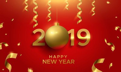 Happy New Year 2019 gold bauble number sign card