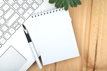 Notepad, laptop, pen, plant on wooden surface.