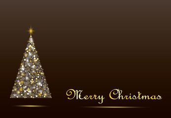 Festive background with sparkling Christmas tree and golden inscription on a dark background. Vector.