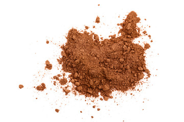 pile of cocoa powder isolated on white background. Top view. Flat lay