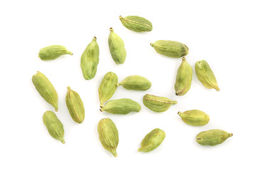 Green cardamom seeds isolated on white background. Top view. Flat lay - obrazy, fototapety, plakaty