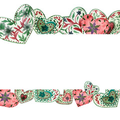 Watercolor banner of multicolored hearts, with unusual pattern isolated on white background with blue flower and green leaves, hand painted for beautiful design for Valentine's day and new year.