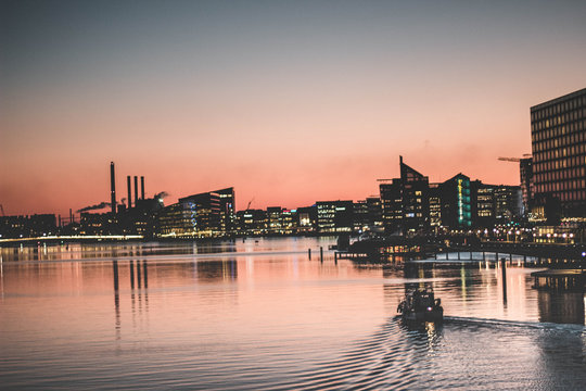 Red sky in the port of Copenhagen at sunset