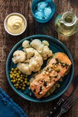 Solomon fillet with pineapple and cauliflower. Fish with vegetables.