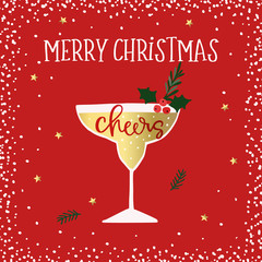 Merry Christmas, Happy New Year greeting card. Cocktail, wine glass with holly berries. Cheers handletterd text. Winter celebration, party concept. Red background with snow and golden stars.