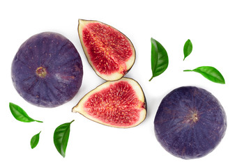 fig fruits with leaves isolated on white background. Top view. Flat lay pattern