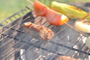 Traditional Cypriot meze and kebap barbecue party in the garden with delicious mix meat and chicken kebaps