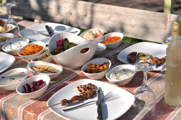 Traditional Cypriot meze and kebap barbecue party in the garden with delicious mix meat and chicken kebaps - obrazy, fototapety, plakaty