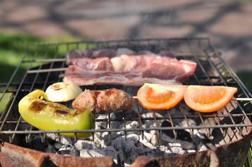 Traditional Cypriot meze and kebap barbecue party in the garden with delicious mix meat and chicken kebaps