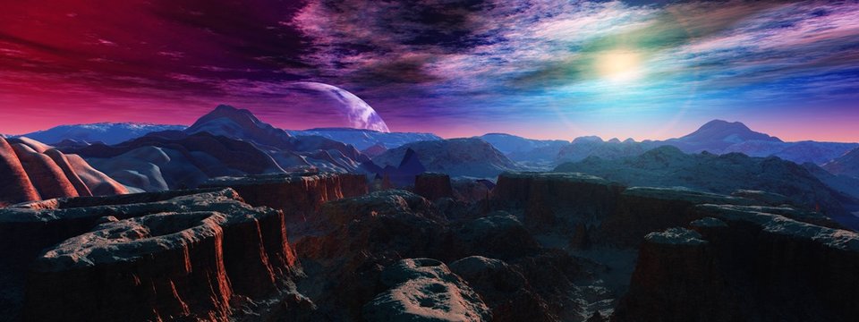 alien landscape, a panorama of a surface of another planet at sunrise,
