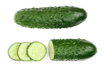 Cucumber slices isolated on white background. Top view. Flat lay pattern