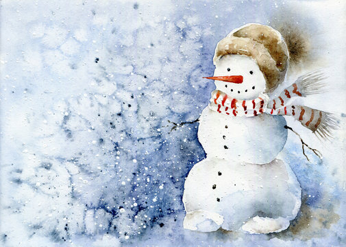 Watercolor snowman in scarf and hat. Christmas watercolor illustration