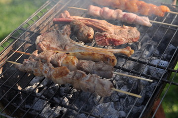 Traditional Cypriot meze and kebap barbecue party in the garden with delicious mix meat and chicken kebaps