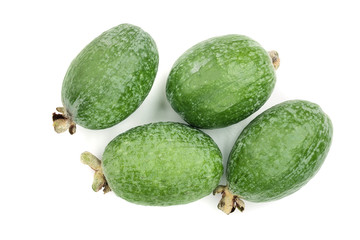 Tropical fruit feijoa Acca sellowiana isolated on white background. Top view. Flat lay pattern