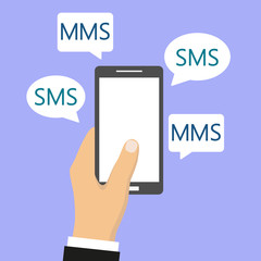 phone in hand with sms and mms messages