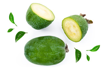 Tropical fruit feijoa Acca sellowiana isolated on white background. Top view. Flat lay pattern