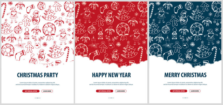 Merry Christmas and Happy New Year. Set of Backgrounds with hand-draw christmas doodle elements. Vector illustration.