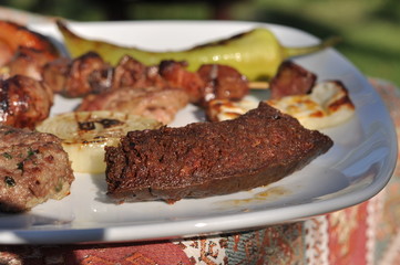 Traditional Cypriot meze and kebap barbecue party in the garden with delicious mix meat and chicken kebaps