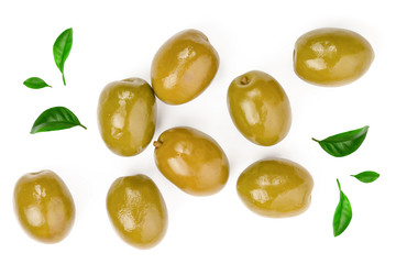 Green olives isolated on a white background. Top view. Flat lay