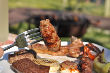 Traditional Cypriot meze and kebap barbecue party in the garden with delicious mix meat and chicken kebaps