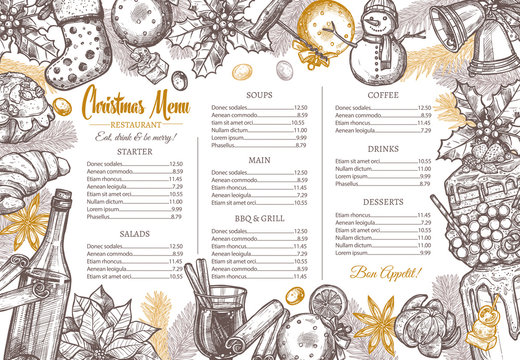 Christmas happy holiday vector layout of festive menu for festive dinner. Hand drawn or sketch design and template for restaurant and café with illustrations on background