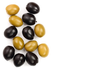 Green and black olives isolated on a white background with copy space for your text. Top view. Flat lay