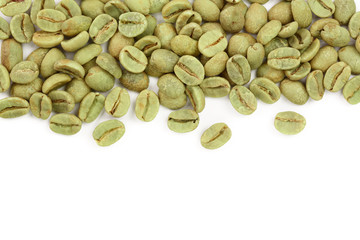 green coffee beans isolated on white background with copy space for your text. Top view. Flat lay