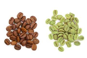 green and brown coffee beans isolated on white background close up. Top view. Flat lay