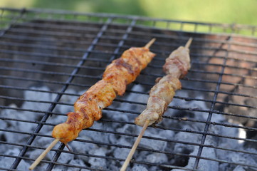 Traditional Cypriot meze and kebap barbecue party in the garden with delicious mix meat and chicken kebaps