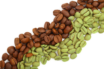 green and brown coffee beans isolated on white background close up. Top view. Flat lay