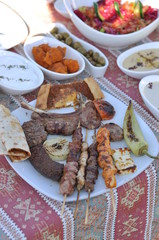 Traditional Cypriot meze and kebap barbecue party in the garden with delicious mix meat and chicken kebaps