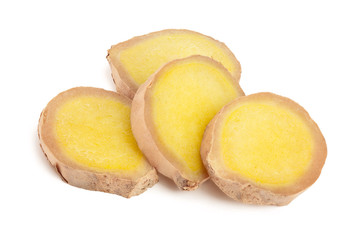 slices of fresh Ginger root isolated on white background