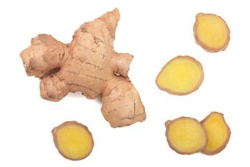 fresh Ginger root and slice isolated on white background. Top view. Flat lay
