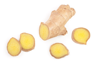 fresh Ginger root and slice isolated on white background with copy space for your text. Top view. Flat lay