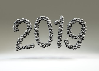 Happy New Year 2019. Holiday 3d illustration made up of balls in gray tones of numbers 2019. Realistic 3d sign. Festive poster or banner design.