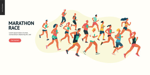 Marathon race group - flat modern vector concept illustration of running men and women wearing summer sportswer. Marathon race, 5k run, sprint. Creative landing page design template, web banner
