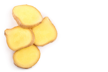 slice of fresh Ginger root isolated on white background with copy space for your text. Top view. Flat lay